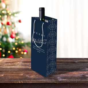 Sacola Para Vinho Feliz Natal Caligrafia Marinho Azul Floco de Neve