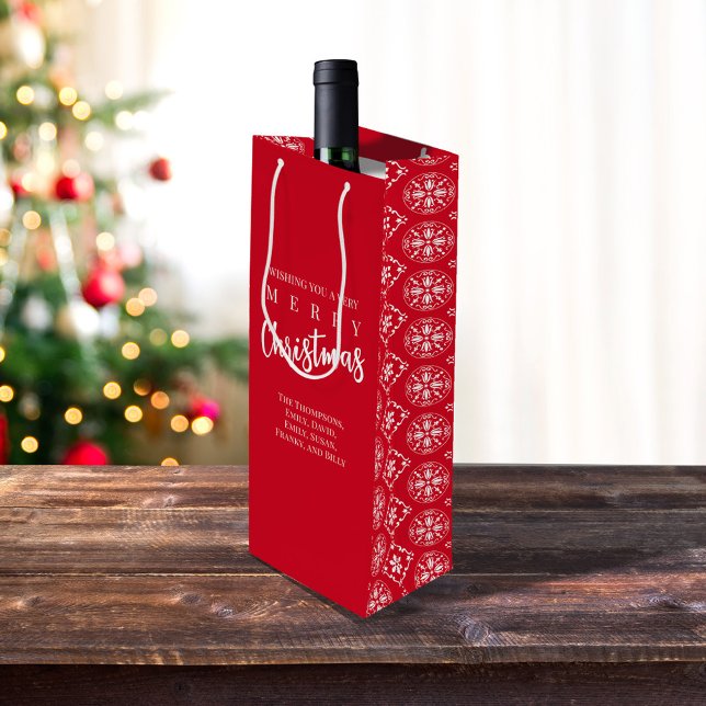 Sacola Para Vinho Feliz Natal Floco de Neve Vermelho Quente (Merry Christmas holiday snowflake pattern wine gift bag.)