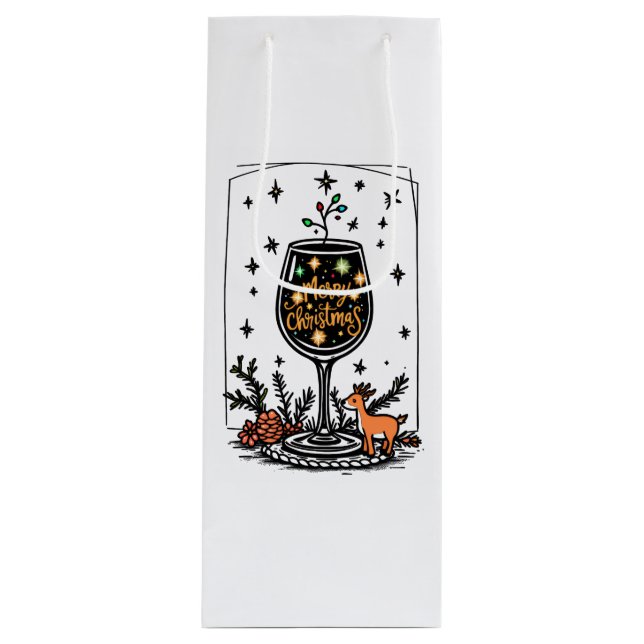 Sacola Para Vinho Feliz Natal num Vidro de Vinho (Frente)