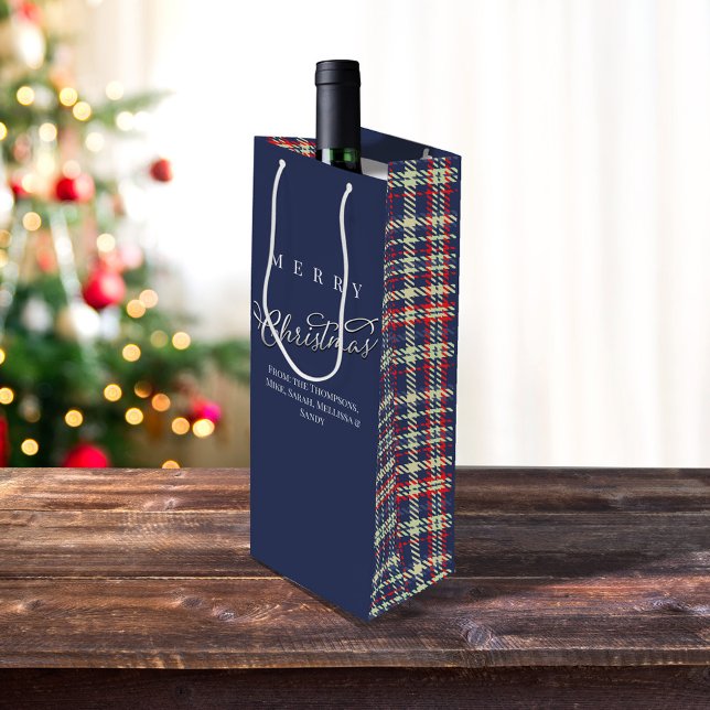 Sacola Para Vinho Feliz Natal - Script de Caligrafia Marinho Xadrez  (Merry Christmas navy blue plaid wine gift bag.)