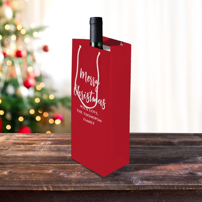 Sacola Para Vinho Feliz Natal - Script de Caligrafia Simples Vermelh (Merry Christmas white calligraphy script simple red wine gift bag)