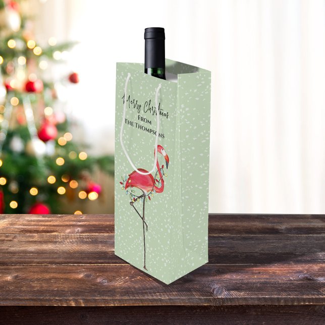 Sacola Para Vinho Feriado de Natal, Fresco Verde de Neve Flamingo, R (Christmas holiday green with pink flamingo wine gift bag)