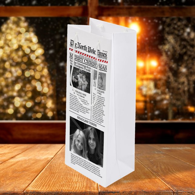 Sacola Para Vinho Feriado de Natal Fúnebre com Colagem de Fotos (Merry Christmas whimsical photo newspaper gift bag. )