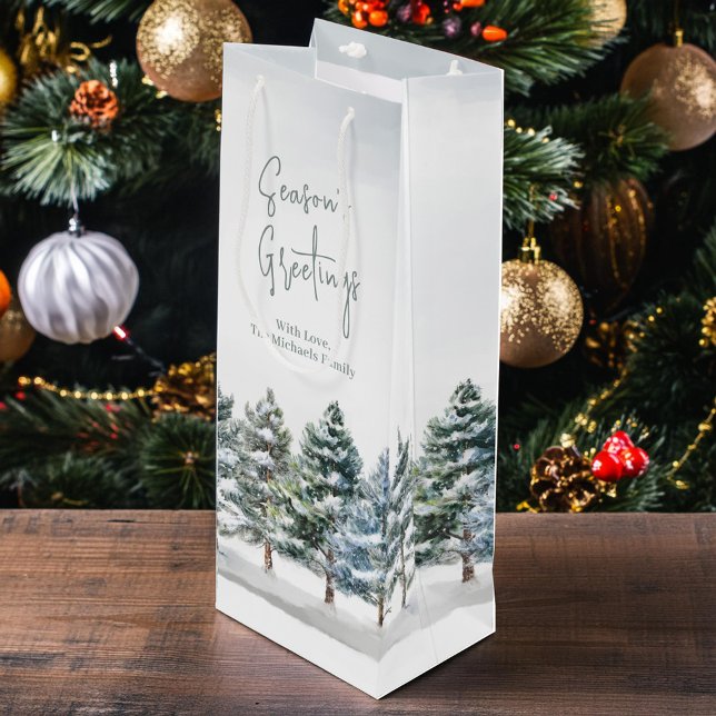 Sacola Para Vinho Feriado de Pinheiros de inverno Personalizado (Holiday custom wine gift bag with watercolor pine trees.)