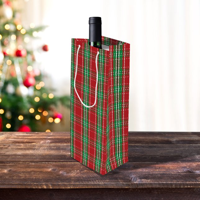 Sacola Para Vinho Feriado Verde Vermelho Xadrez de Natal Russo (Red and green wine bottle gift bag)