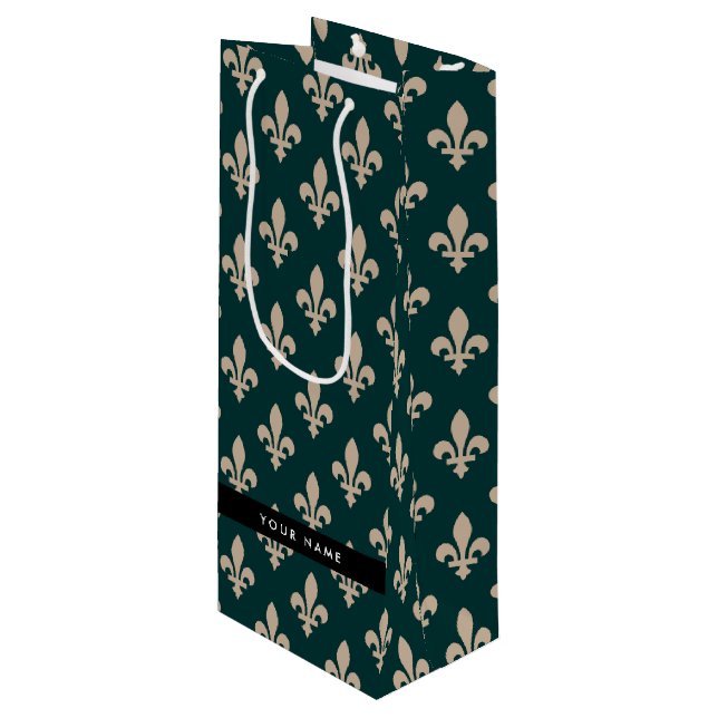 Sacola Para Vinho Fleur de Lis, Beige on Green, Royal, Your Name (Frente inclinada)
