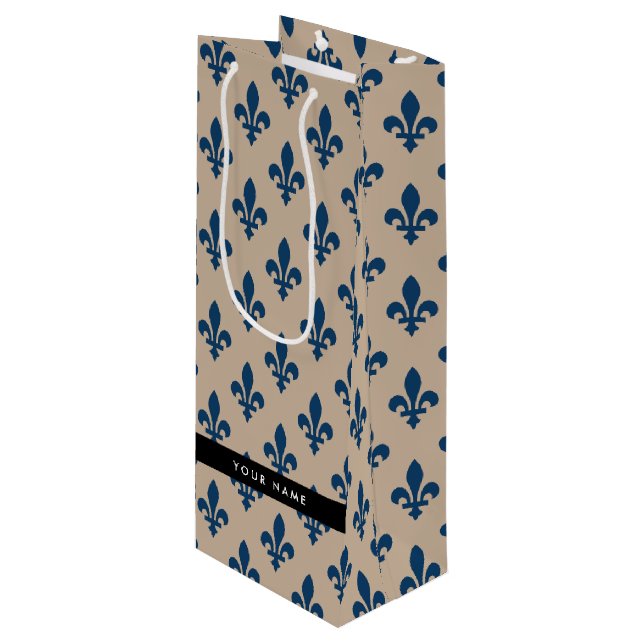 Sacola Para Vinho Fleur de Lis, Navy Blue on Beige, Royal, Your Name (Frente inclinada)