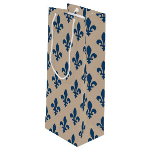 Sacola Para Vinho Fleur de Lis Pattern, Royal French Blue em Creme