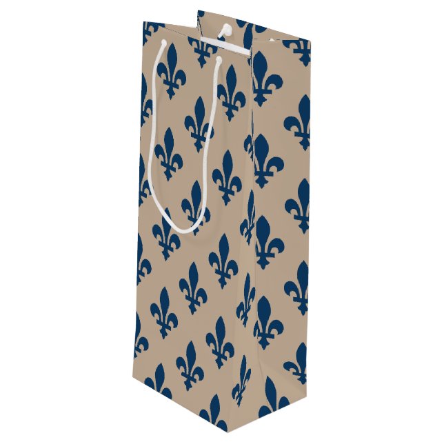 Sacola Para Vinho Fleur de Lis Pattern, Royal French Blue em Creme (Verso inclinado)