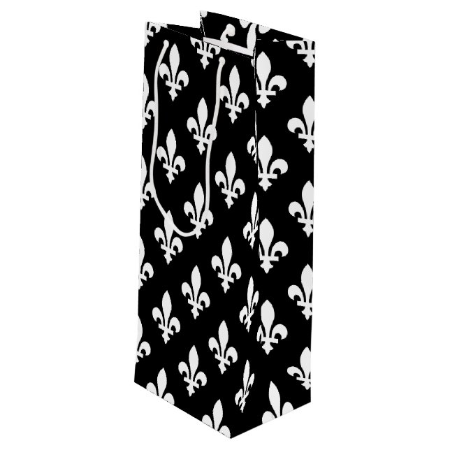 Sacola Para Vinho Fleur de Lis Pattern, Royal French, branco a preto (Verso inclinado)
