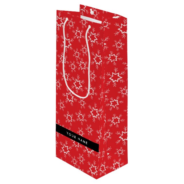 Sacola Para Vinho Flocos de neve vermelhos e brancos, seu nome, pers (Frente inclinada)