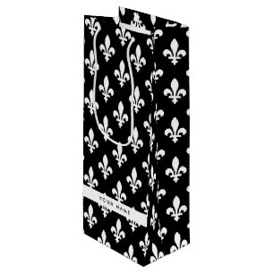 Sacola Para Vinho Flor de Lis, Branco sobre Preto, Branco, Seu Nome