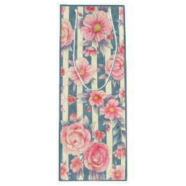 Sacola Para Vinho Flores de Aquarela Rosa em Stripes