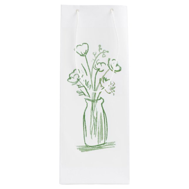 Sacola Para Vinho Flores Verdes | Presente Botânico Mínimo Desenhado (Frente)