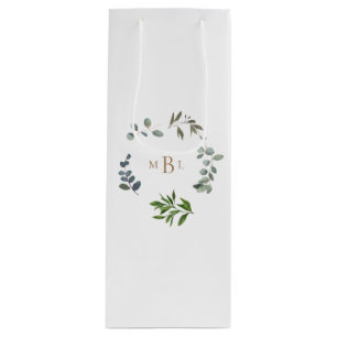 Sacola Para Vinho Folhagem e Casamento Elegante Branco Monograma Dou