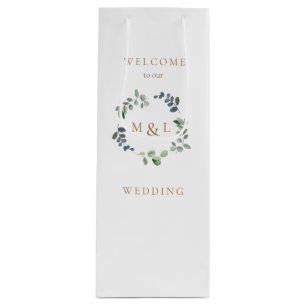 Sacola Para Vinho Folhagem e Dourado Casamento Branco do Monograma