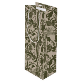 Sacola Para Vinho Folhas e flores tropicais traçadas em verde.