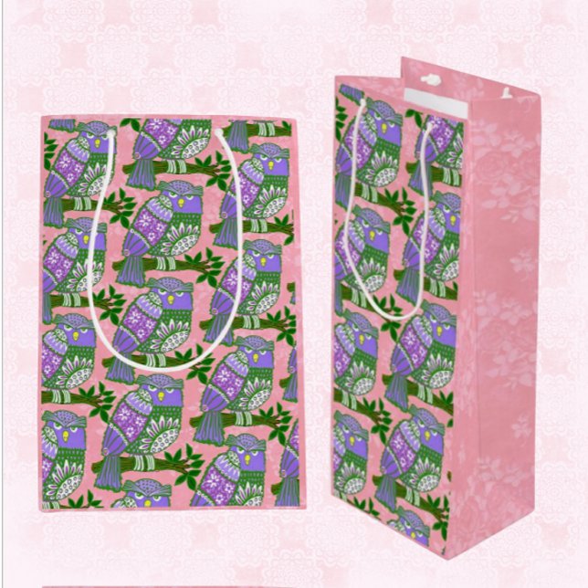 Sacola Para Vinho Folk Art Owl Pink (Criador carregado)