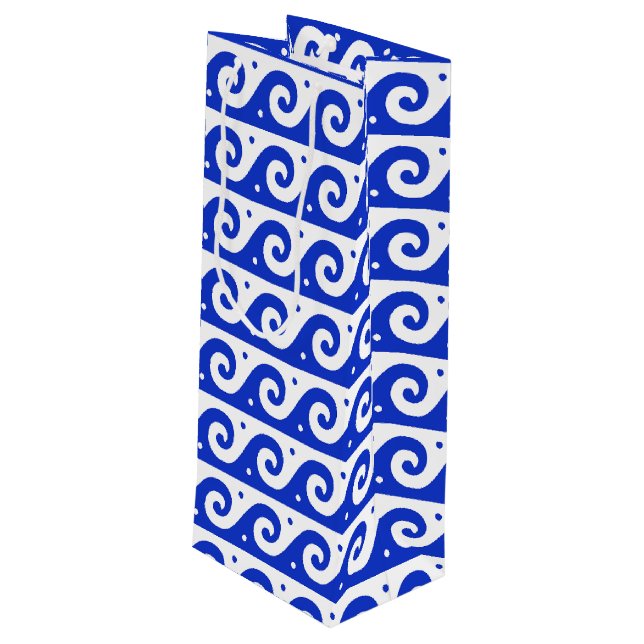 Sacola Para Vinho Frete Grego, Padrão de Onda Mediterrânica, Azul (Verso inclinado)
