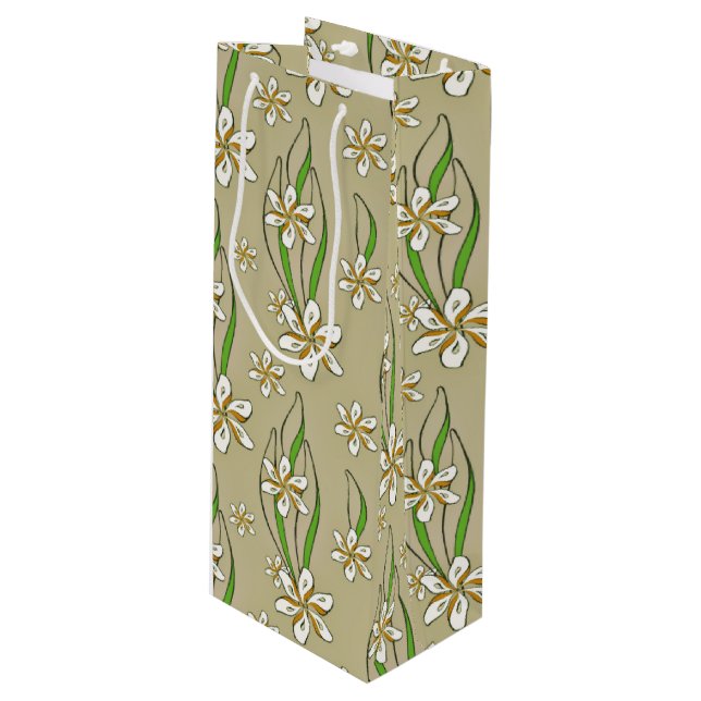 Sacola Para Vinho Fundo branco monograma floral bege (Frente inclinada)