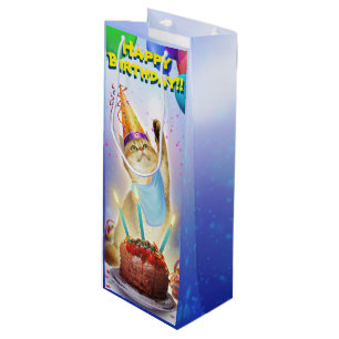 Sacola Para Vinho Gatinho de aniversário festivo do Ouro