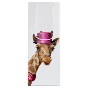 Sacola Para Vinho Girafa de chapéu cor-de-rosa brilhante