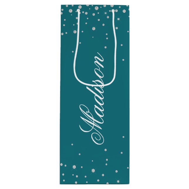 Sacola Para Vinho Harbor Blue Chic Diamonds Nome Personalizado (Frente)