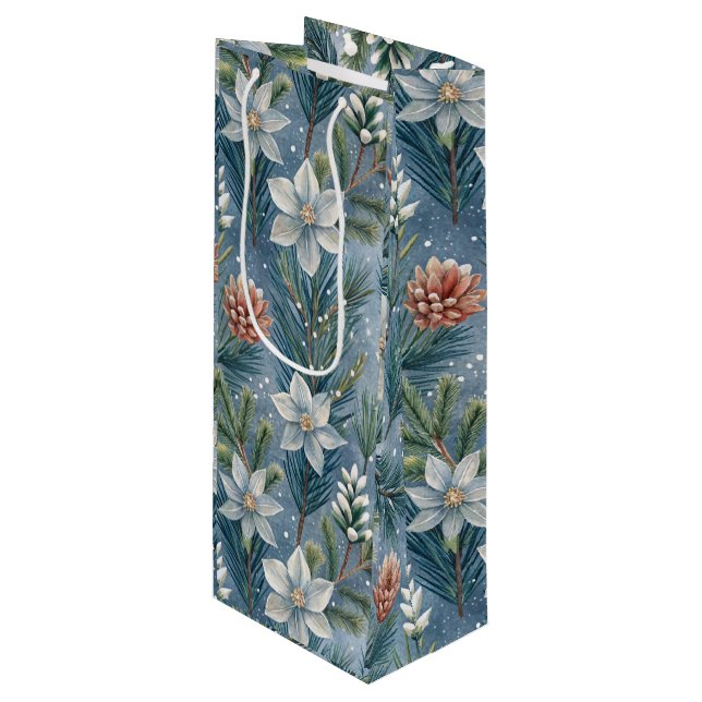 Sacola Para Vinho Hello Winter Pines & Flowers (Frente inclinada)