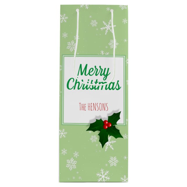 Sacola Para Vinho Holly Tree Berry Green Snowflakes Natal Personaliz (Frente)