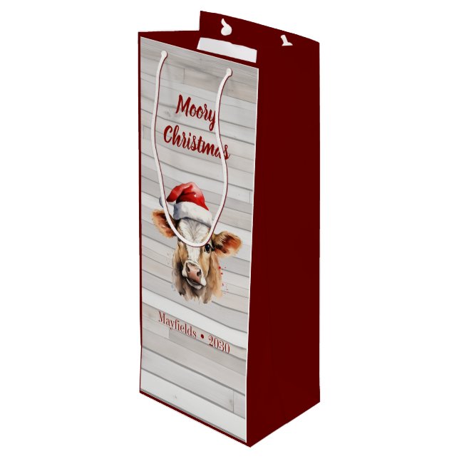 Sacola Para Vinho Jersey Cow, Barn Wood "Moory Christmas" (Verso inclinado)