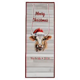 Sacola Para Vinho Jersey Cow, Barn Wood "Moory Christmas"