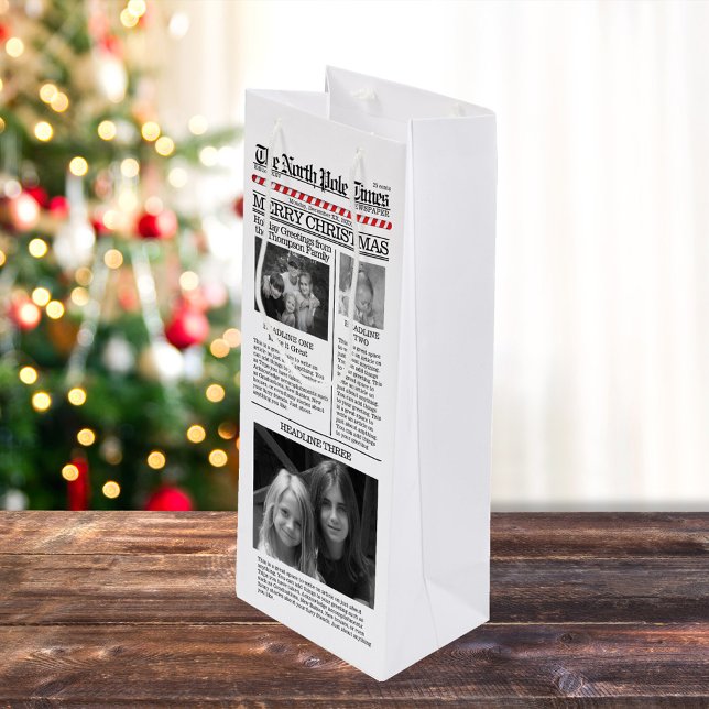 Sacola Para Vinho Jornal de Tipografia de Natal (Simple and fun photo newspaper wine gift bag.)