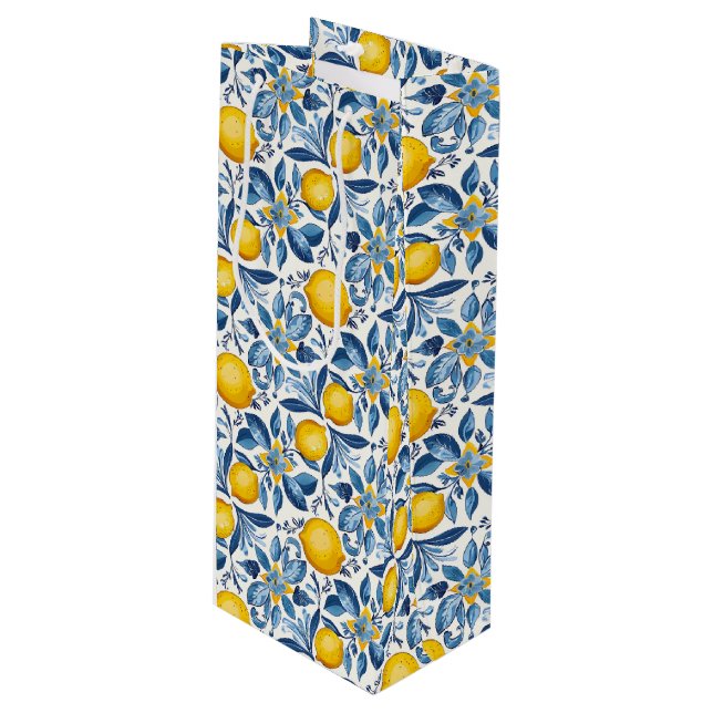 Sacola Para Vinho Lemon Botanical Blue and Yellow Summer Print (Frente inclinada)