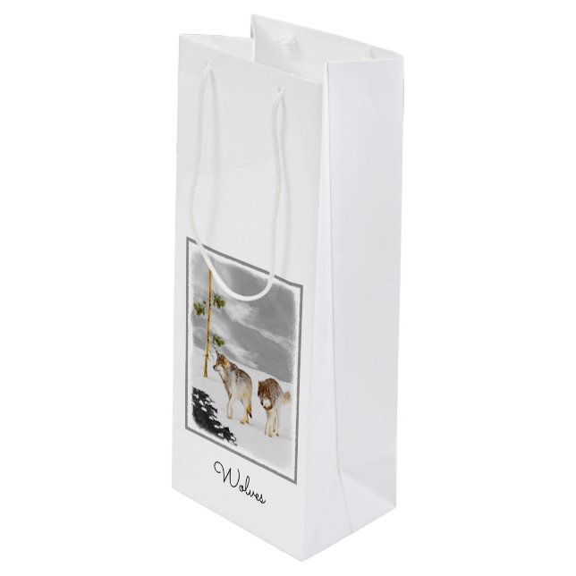 Sacola Para Vinho Lobos na Pintura da Neve - Arte Original sobre a V (Frente inclinada)