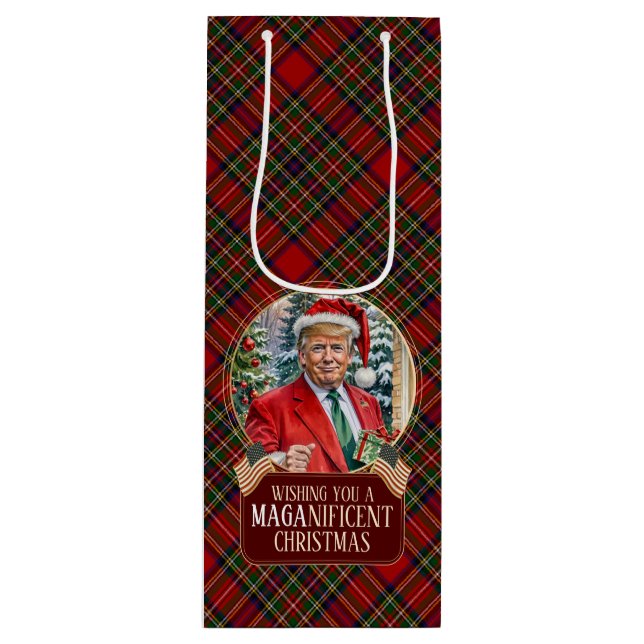 Sacola Para Vinho MAGA Christmas Tartan Xadrez Papais noeis Trump (Frente)