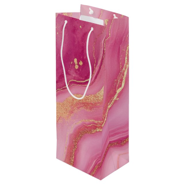 Sacola Para Vinho Marble Elegante rosa e Dourado (Verso inclinado)