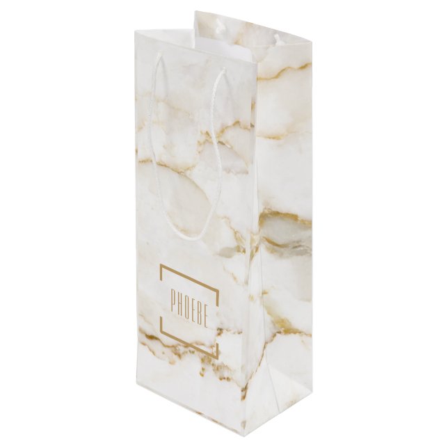 Sacola Para Vinho Mármore com Efeito Ouro de Nome Personalizado (Verso inclinado)