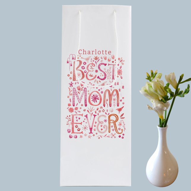 Sacola Para Vinho Melhor Mãe Nunca Personalizada (Best Mom Ever watercolor hand lettered personalized name Mothers Day or Mom Birthday wine gift bag)