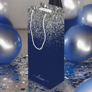 Sacola Para Vinho Monograma Brilhante Lirial Azul Naval Prata