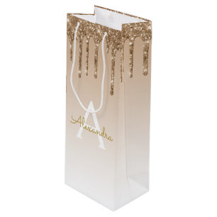 Sacola Para Vinho Monograma Dourado de brilho e brilho