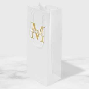 Sacola Para Vinho Monograma e Nome Personalizados Branco e Dourado