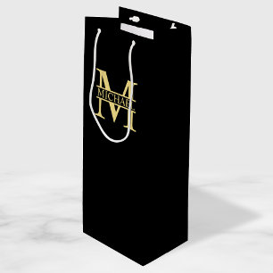 Sacola Para Vinho Monograma e Nome Personalizados Preto e Dourado