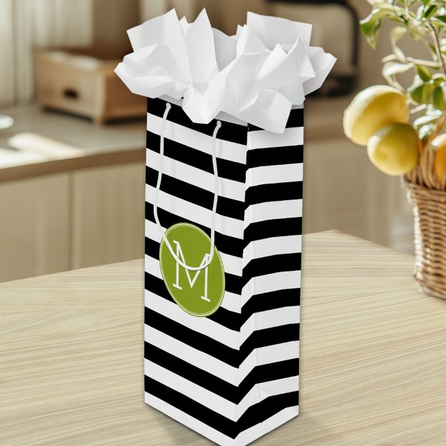 Sacola Para Vinho Monograma verde de padrão em branco e preto (Custom Gift Bag)