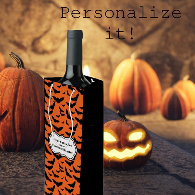 Sacola Para Vinho Morcegos de Dia das Bruxas, Pretos e Laranja Perso (Personalize these wine bags for 
extra special Halloween gifts.)