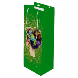 SACOLA PARA VINHO MULHER MARDI GRAS COM CABELO DOURADO VERDE PURO