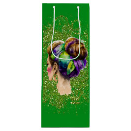 SACOLA PARA VINHO MULHER MARDI GRAS COM CABELO DOURADO VERDE PURO