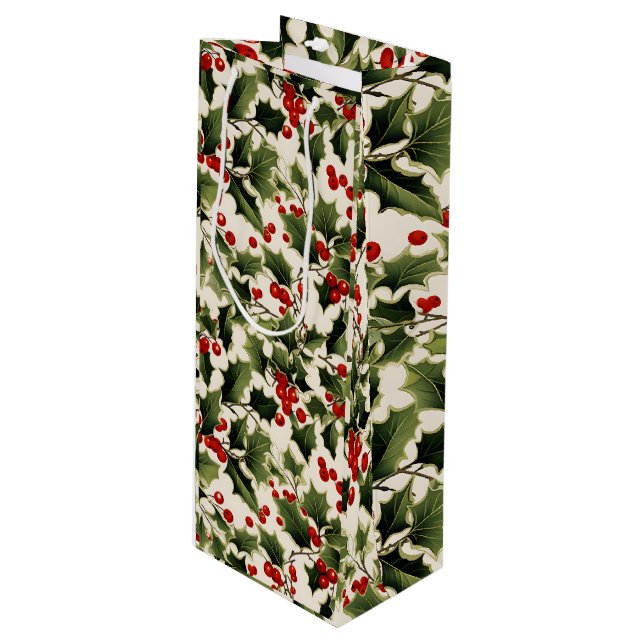 Sacola Para Vinho Natal Holly Berries no Light (Frente inclinada)