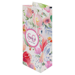 Sacola Para Vinho Nome do monograma de florais cor-de-rosa de aniver
