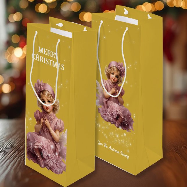 Sacola Para Vinho Nostalgia Feliz Natal em rosa-gelo (Criador carregado)