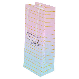 Sacola Para Vinho Ombro Azul Rosa com Linhas Douradas Aniversário